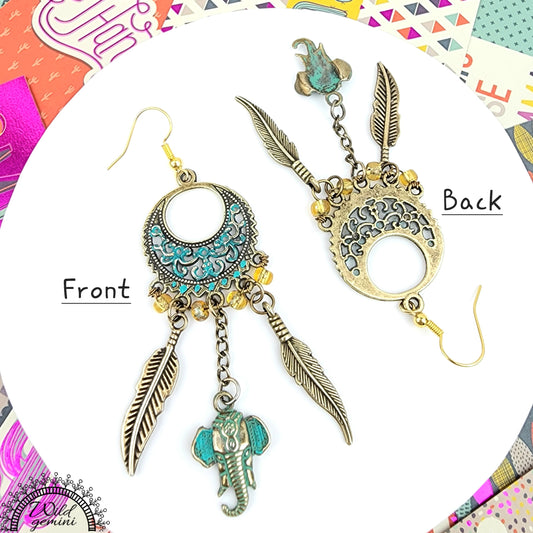 Boho Elephant & Feather Earrings – Handmade Tribal Dangle Jewelry with Turquoise Brass Charms, Yellow Seed Beads & Floral Gold Hoops