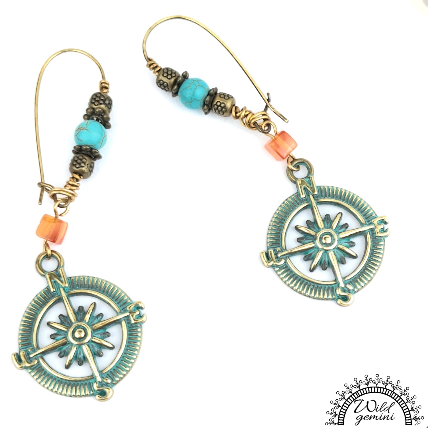 Boho Compass Earrings – Handmade Brass Dangles with Carnelian, Turquoise Jasper & Distressed Compass Charms, 3.65” Long
