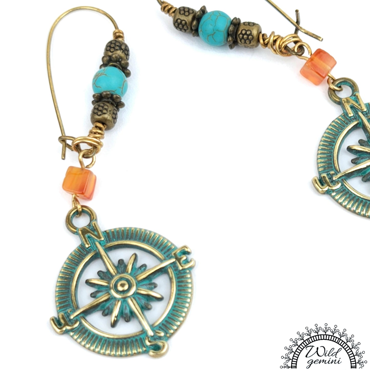 Boho Compass Earrings – Handmade Brass Dangles with Carnelian, Turquoise Jasper & Distressed Compass Charms, 3.65” Long