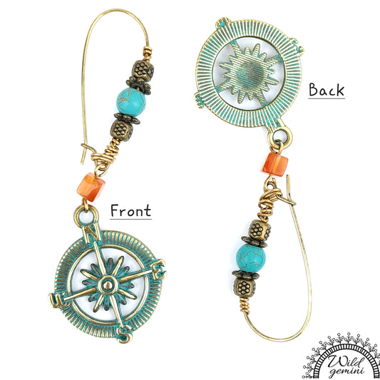 Boho Compass Earrings – Handmade Brass Dangles with Carnelian, Turquoise Jasper & Distressed Compass Charms, 3.65” Long