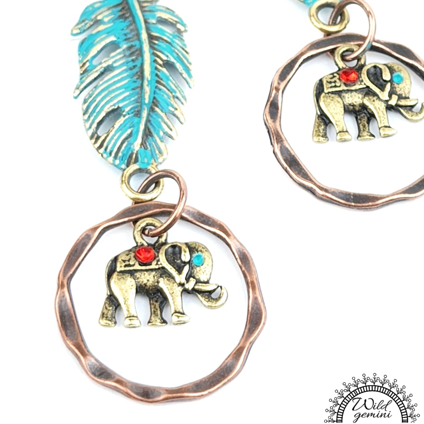 Boho Elephant Feather Hoop Earrings – Handmade Brass Hoops with Golden Elephant & Feather Charms, Copper Hooks, 2.88” Long