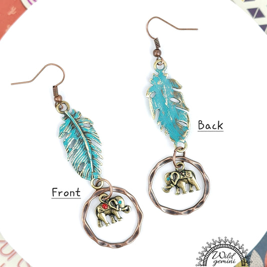 Boho Elephant Feather Hoop Earrings – Handmade Brass Hoops with Golden Elephant & Feather Charms, Copper Hooks, 2.88” Long