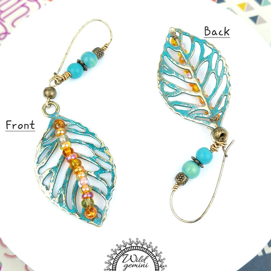 Boho Leaf Dangle Earrings – Handmade Brass Earrings with Turquoise Jasper, Orange Seed Beads & Long Leaf Charms, 3.5” Long