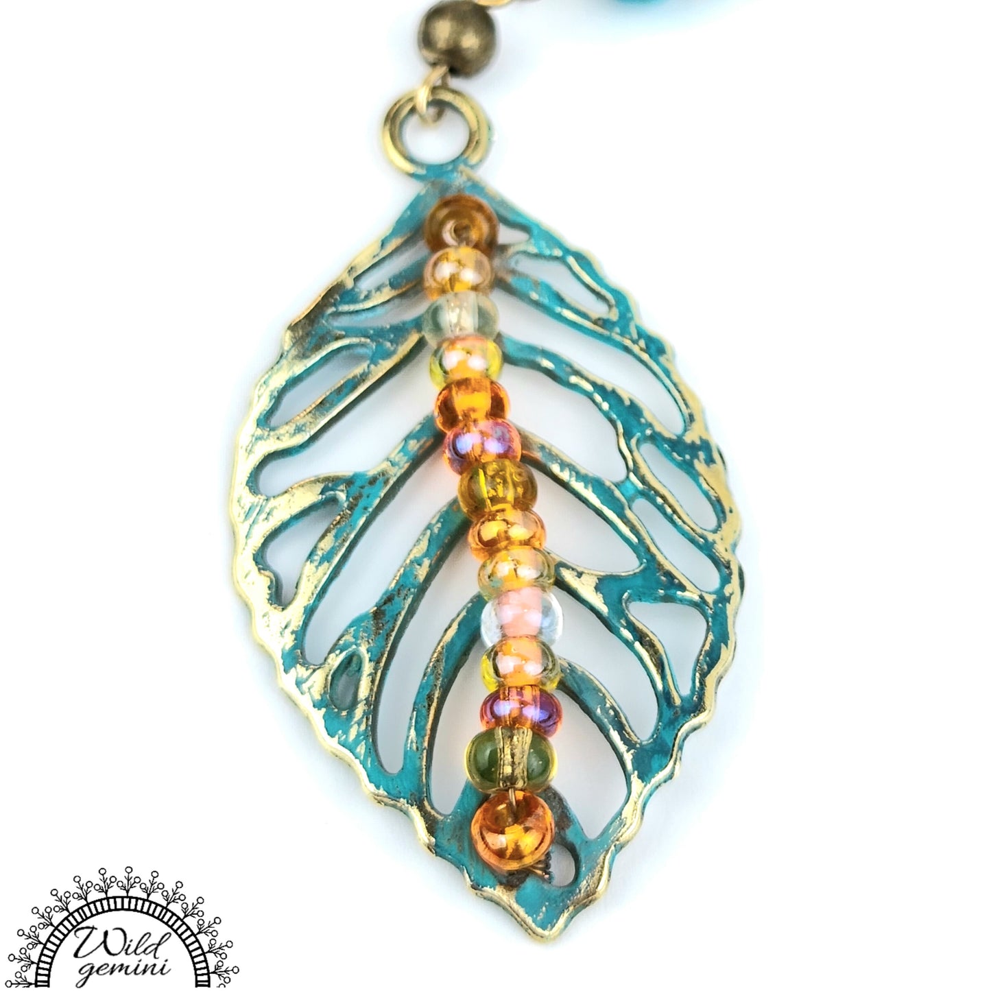 Boho Leaf Dangle Earrings – Handmade Brass Earrings with Turquoise Jasper, Orange Seed Beads & Long Leaf Charms, 3.5” Long