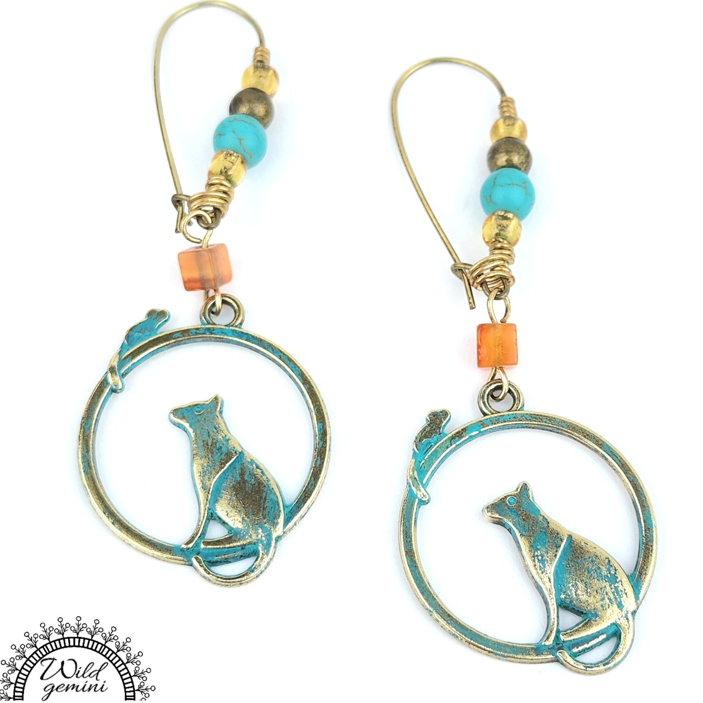 Boho Cat & Mouse Earrings – Handmade Brass Dangle Earrings with Carnelian, Turquoise Jasper & Whimsical Charms, 2.75” Long