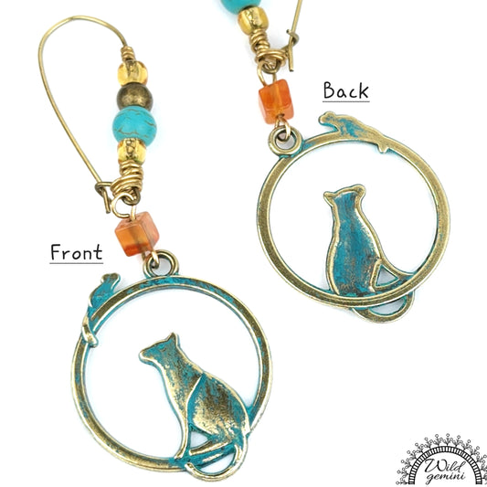 Boho Cat & Mouse Earrings – Handmade Brass Dangle Earrings with Carnelian, Turquoise Jasper & Whimsical Charms, 2.75” Long