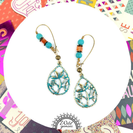 Boho Flower Earrings – Handmade Brass Dangle Earrings with Carnelian, Turquoise Jasper & Floral Charms, 2.75” Long