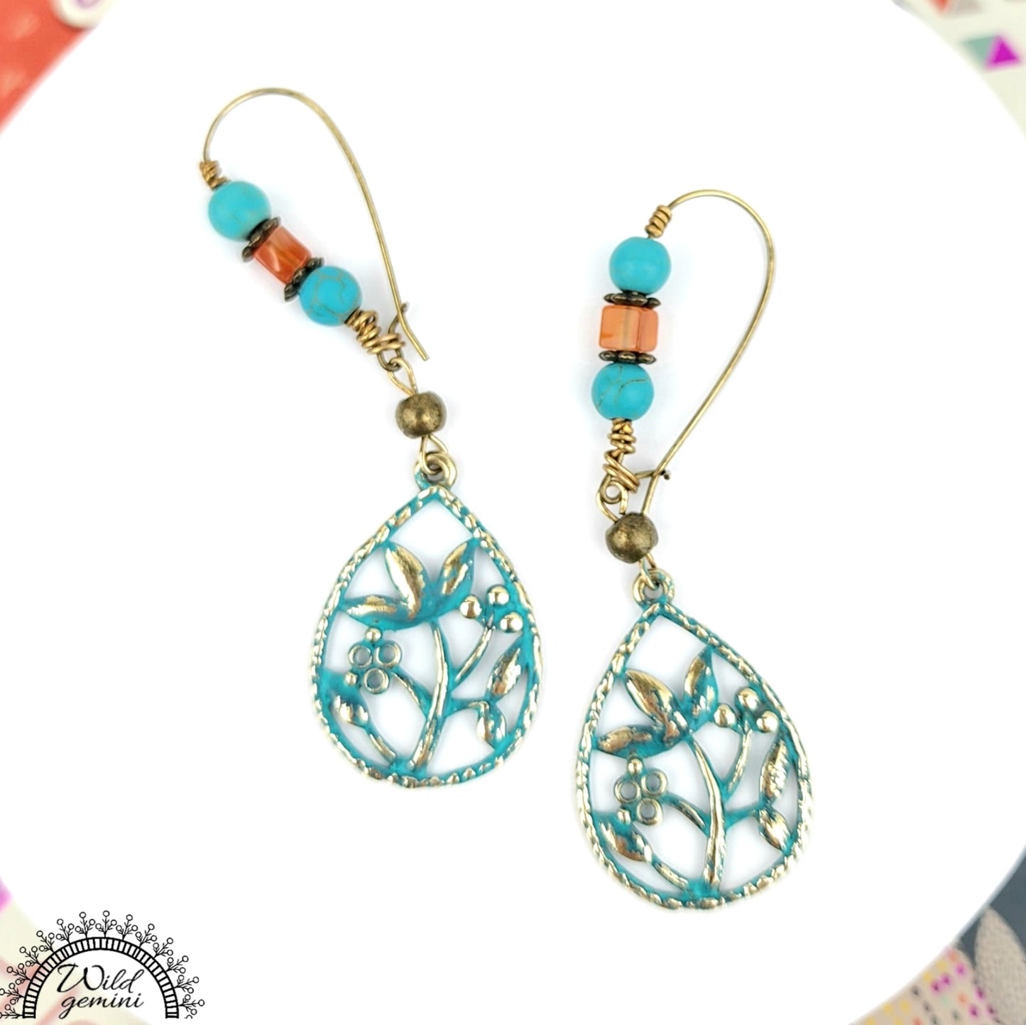 Boho Flower Earrings – Handmade Brass Dangle Earrings with Carnelian, Turquoise Jasper & Floral Charms, 2.75” Long