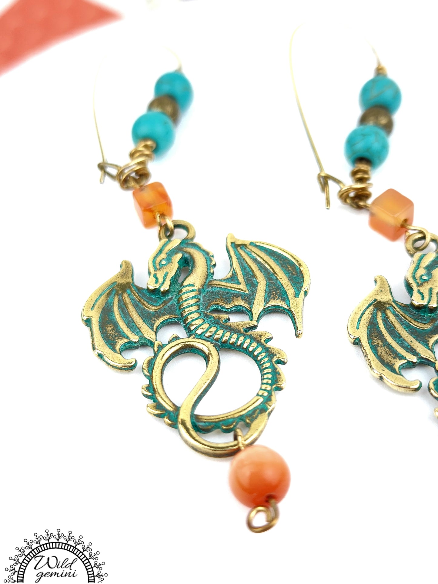 Boho Dragon Earrings – Handmade Brass Dangles with Carnelian, Turquoise Jasper & Mythical Dragon Charms, 3.5” Long