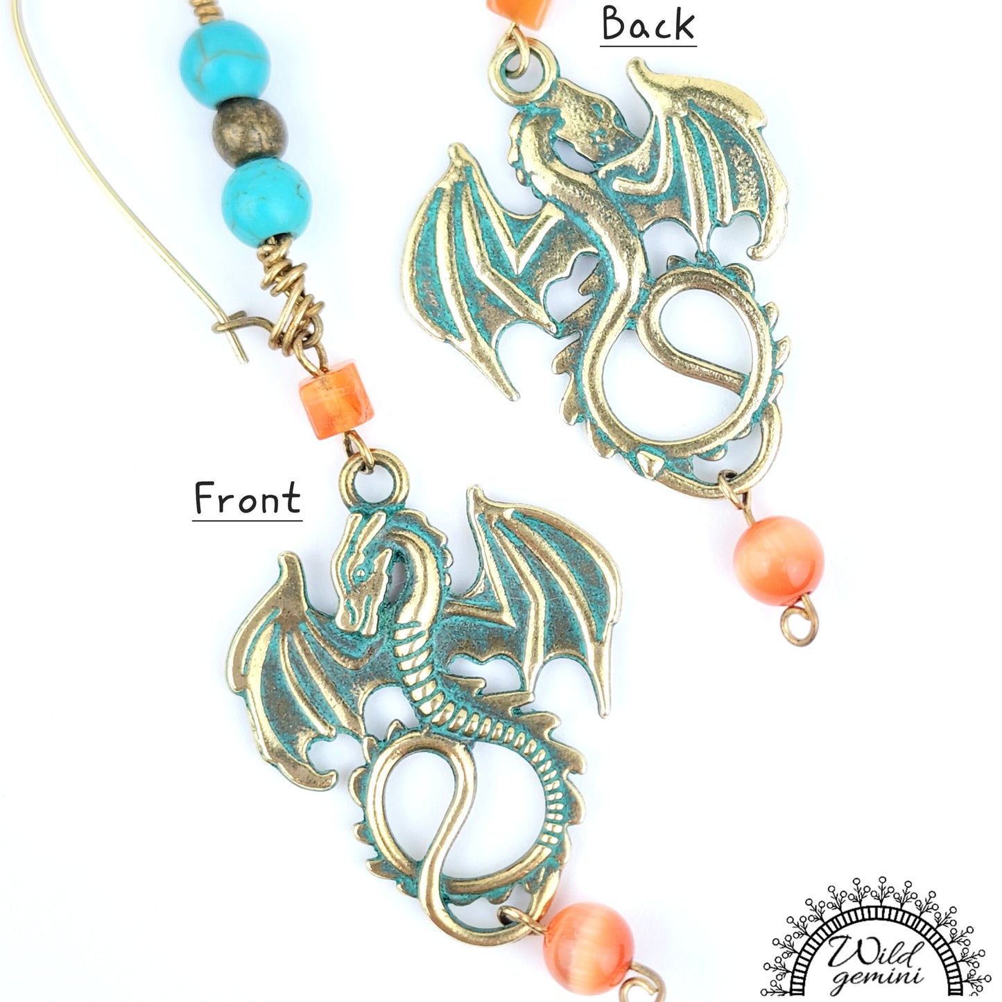 Boho Dragon Earrings – Handmade Brass Dangles with Carnelian, Turquoise Jasper & Mythical Dragon Charms, 3.5” Long