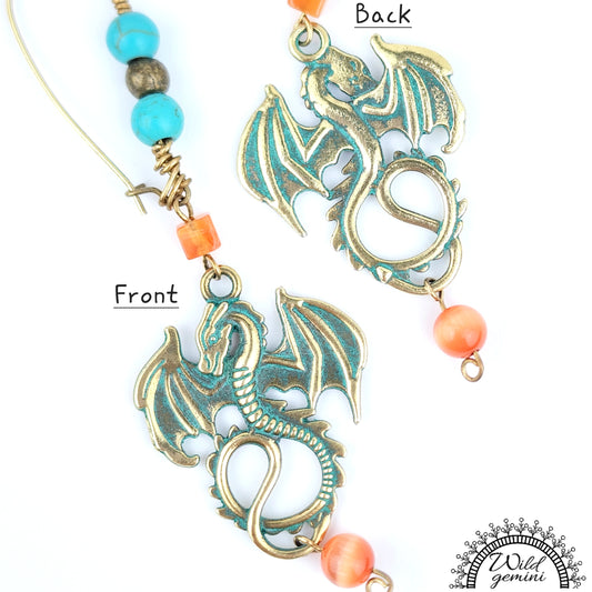Boho Dragon Earrings – Handmade Brass Dangles with Carnelian, Turquoise Jasper & Mythical Dragon Charms, 3.5” Long
