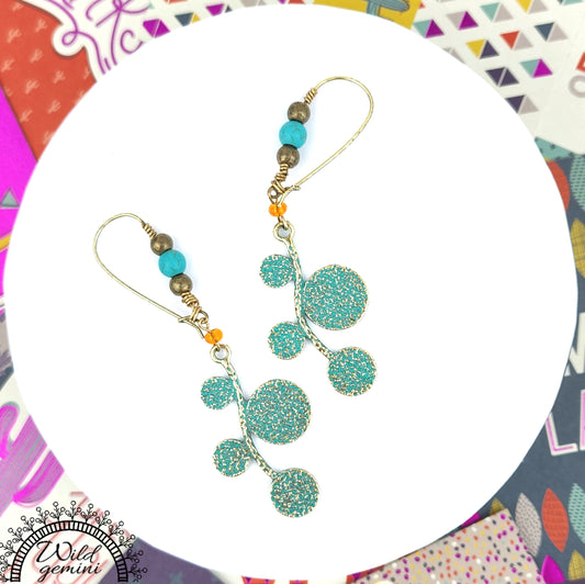 Boho Leaf Earrings – Handmade Brass Dangle Earrings with Turquoise Jasper, Orange Seed Beads & Round Leaf Charms, 3” Long