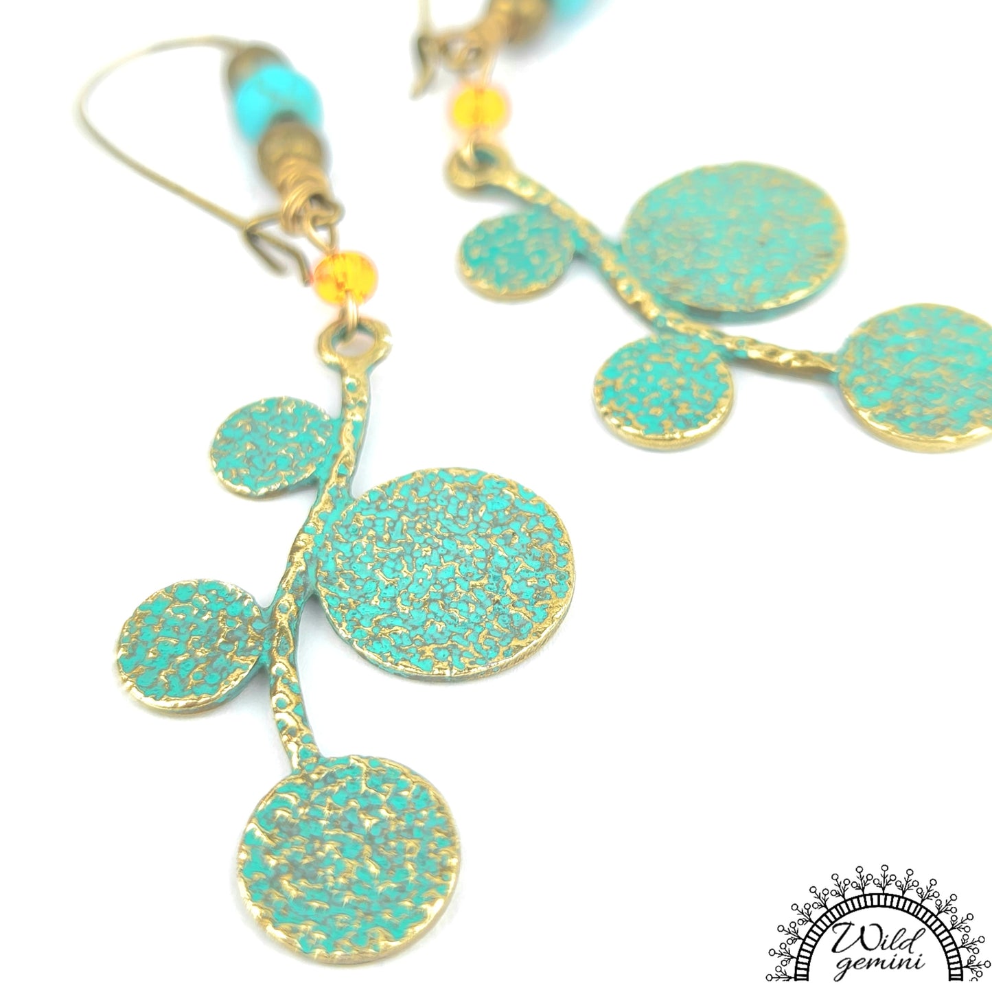 Boho Leaf Earrings – Handmade Brass Dangle Earrings with Turquoise Jasper, Orange Seed Beads & Round Leaf Charms, 3” Long
