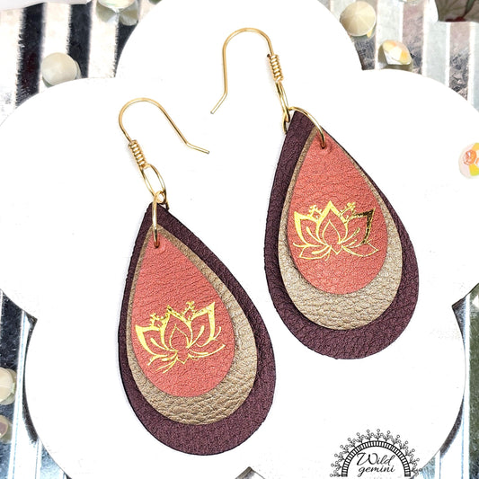 Boho Lotus Leather Earrings – Handmade Triple-Layer Faux Leather Drops in Brown, Beige & Copper with Gold Lotus Design & Hooks, 3” Long
