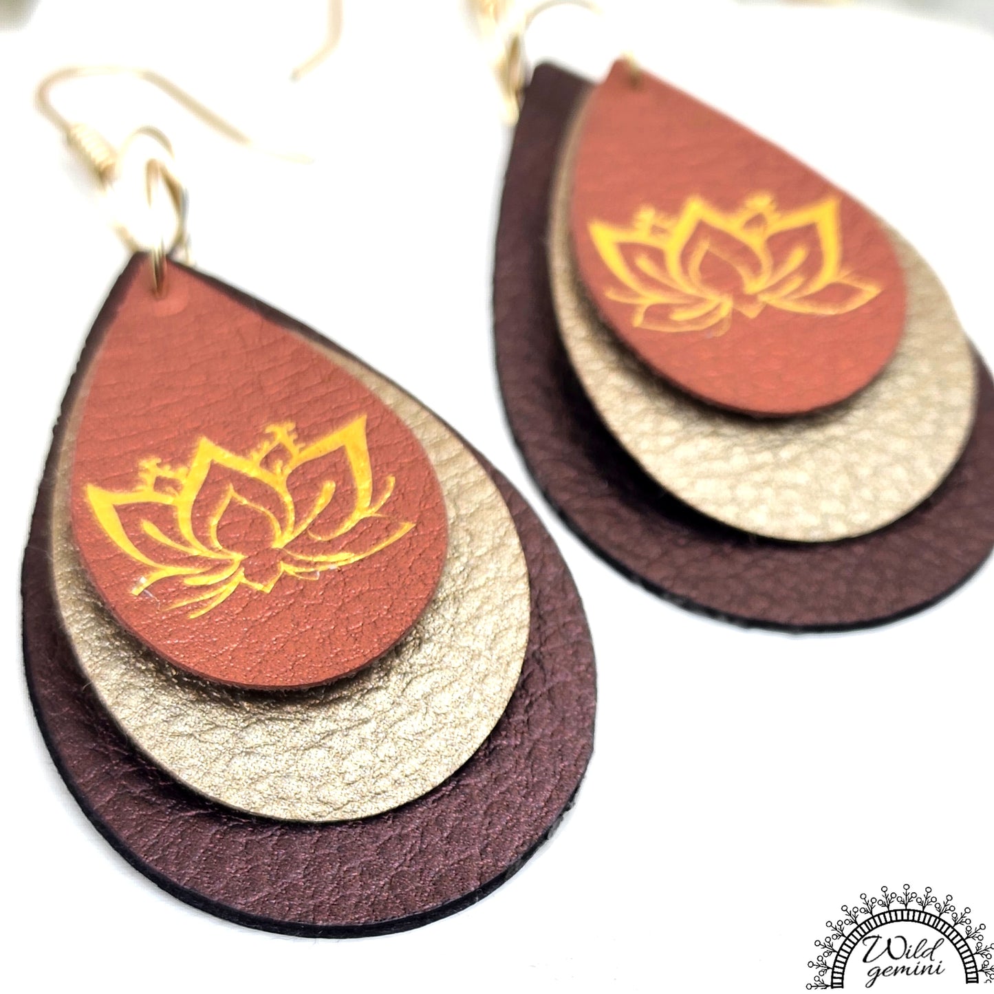 Boho Lotus Leather Earrings – Handmade Triple-Layer Faux Leather Drops in Brown, Beige & Copper with Gold Lotus Design & Hooks, 3” Long