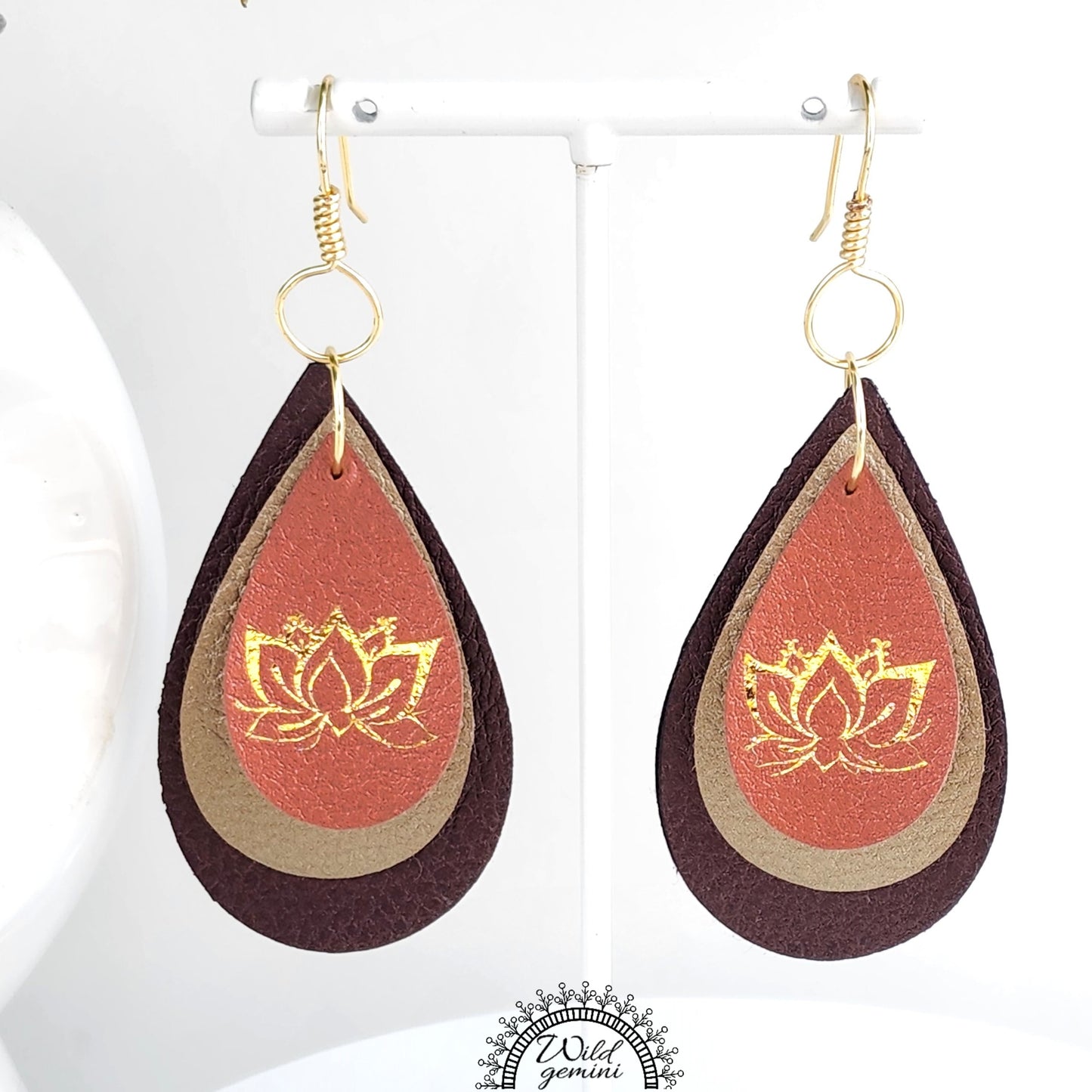Boho Lotus Leather Earrings – Handmade Triple-Layer Faux Leather Drops in Brown, Beige & Copper with Gold Lotus Design & Hooks, 3” Long