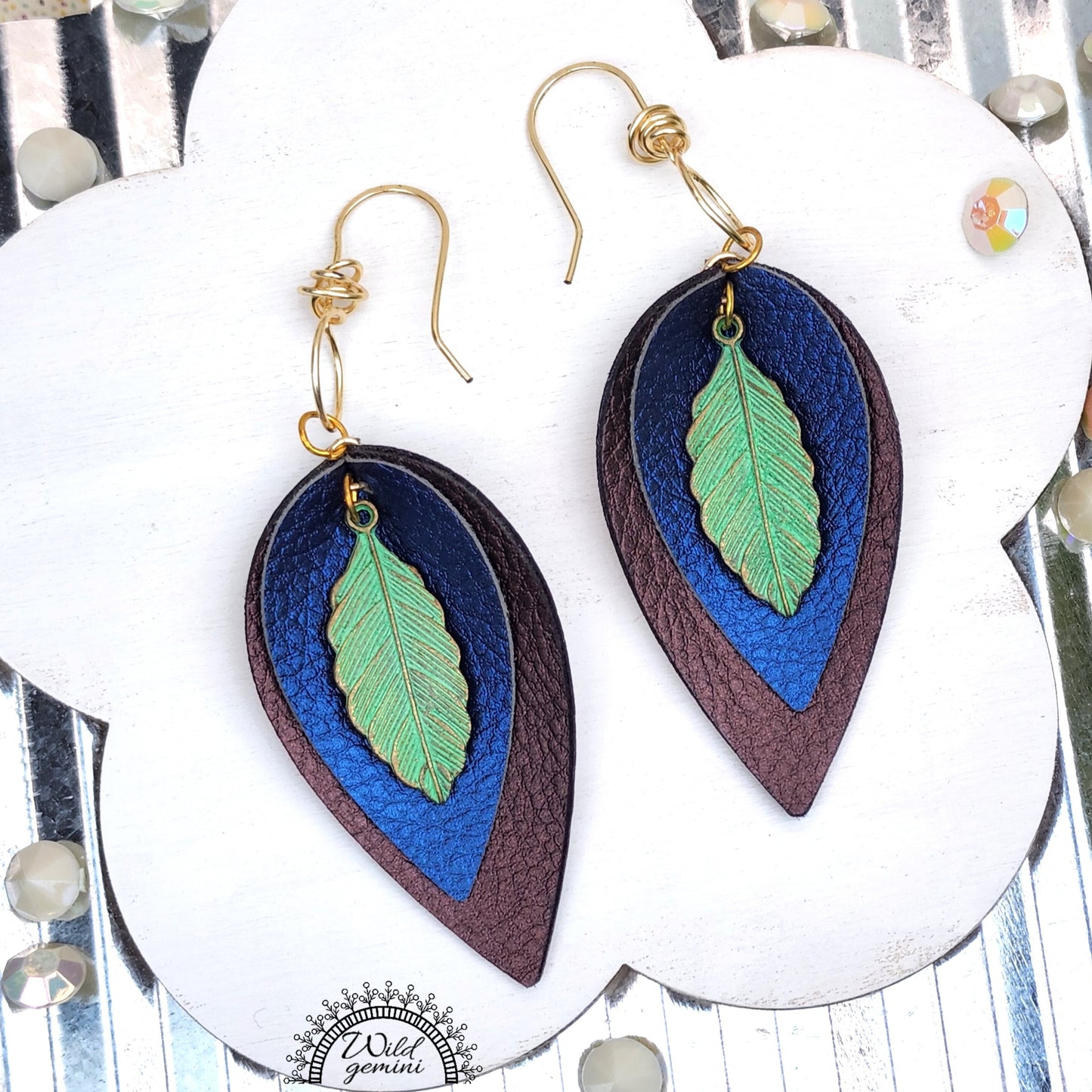 Boho Leaf Leather Earrings – Handmade Faux Leather Drops in Brown & Blue with Green Metal Leaf & Gold Hooks, 3” Long Lightweight Dangles