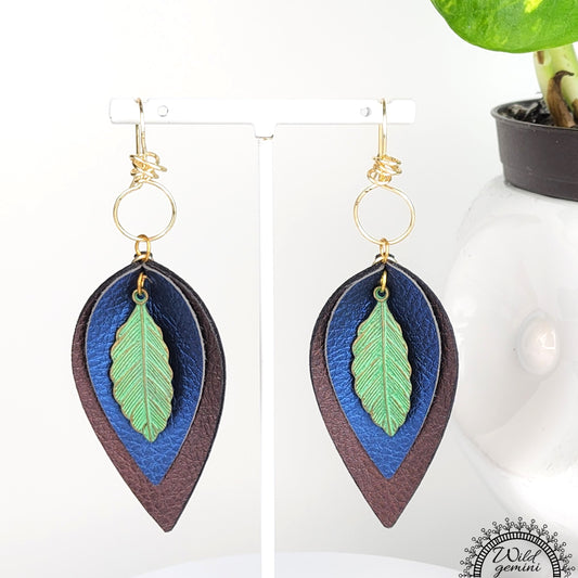 Boho Leaf Leather Earrings – Handmade Faux Leather Drops in Brown & Blue with Green Metal Leaf & Gold Hooks, 3” Long Lightweight Dangles