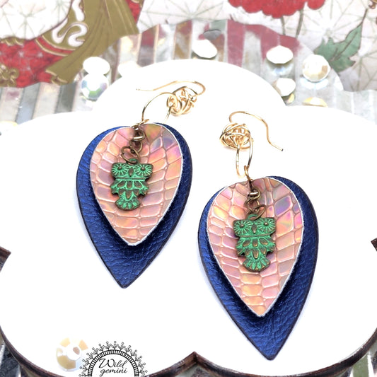 Boho Owl Leather Earrings – Handmade Faux Leather Drops in Brown & Gold with Green Metal Owl & Gold Hooks, 3” Long Lightweight Dangles