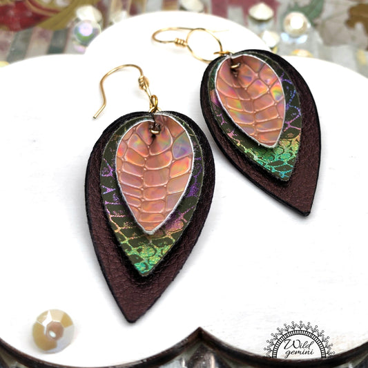 Boho Layered Leather Earrings – Handmade Faux Leather Drops in Brown, Gold & Multicolor with Gold Hooks, 3” Long Statement Dangles