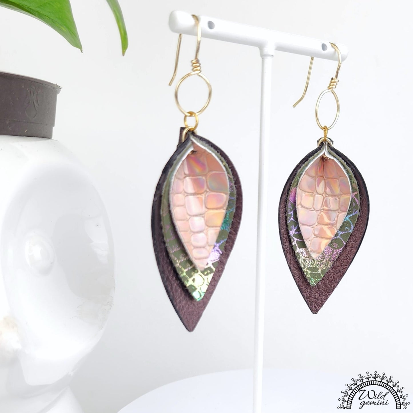 Boho Layered Leather Earrings – Handmade Faux Leather Drops in Brown, Gold & Multicolor with Gold Hooks, 3” Long Statement Dangles