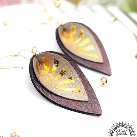 Boho Sun Leather Earrings – Handmade Two-Layer Faux Leather Drops in Brown & Beige with Golden Sun Design & Gold Hooks, 2.45” Long