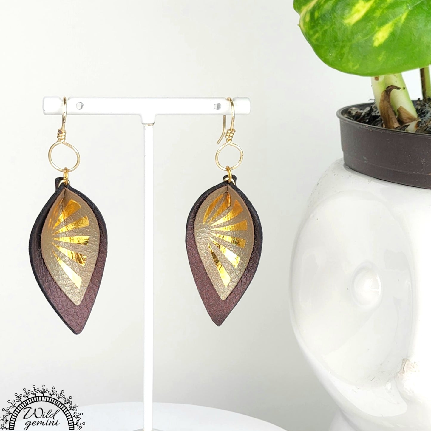 Boho Sun Leather Earrings – Handmade Two-Layer Faux Leather Drops in Brown & Beige with Golden Sun Design & Gold Hooks, 2.45” Long