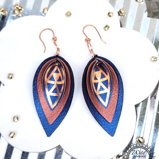 Boho Geometric Leather Earrings – Handmade Triple-Layer Faux Leather Drops in Blue & Brown with Copper Design & Hooks, 3” Long