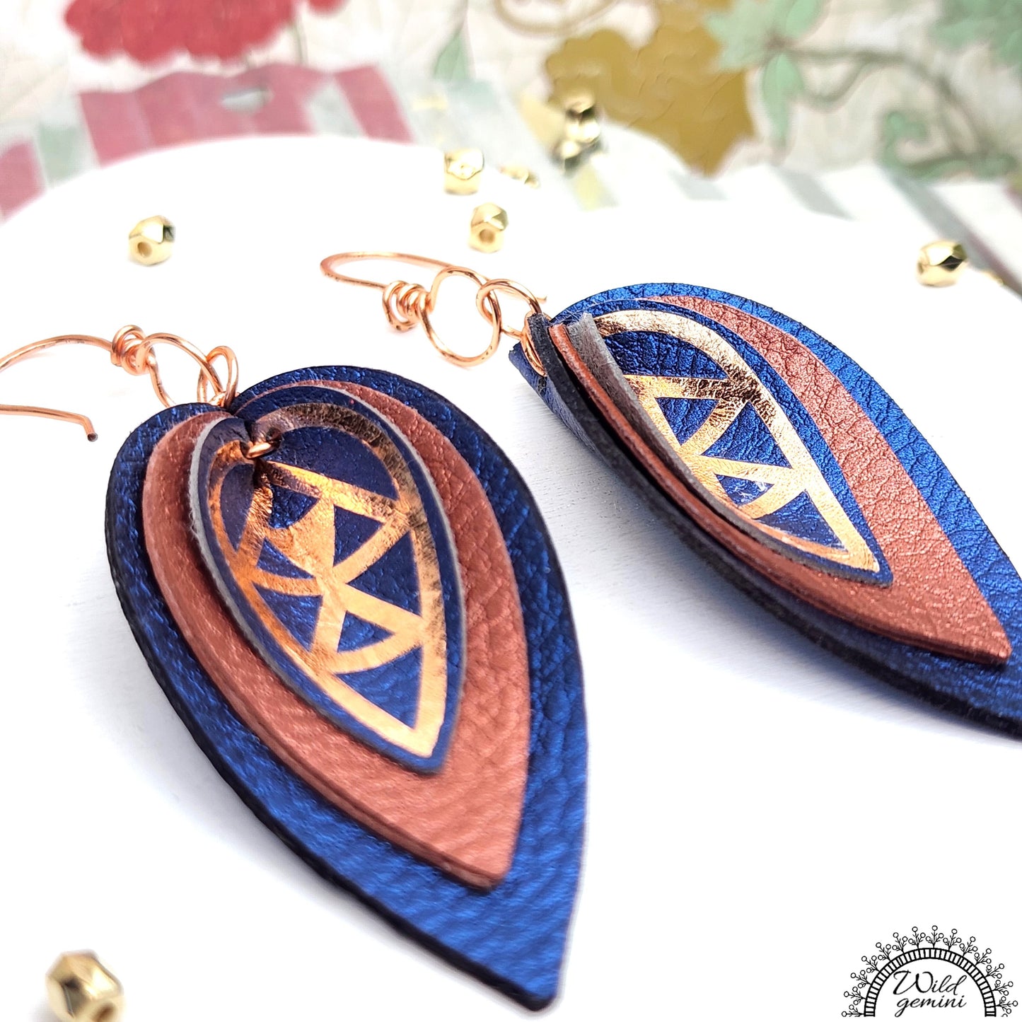 Boho Geometric Leather Earrings – Handmade Triple-Layer Faux Leather Drops in Blue & Brown with Copper Design & Hooks, 3” Long
