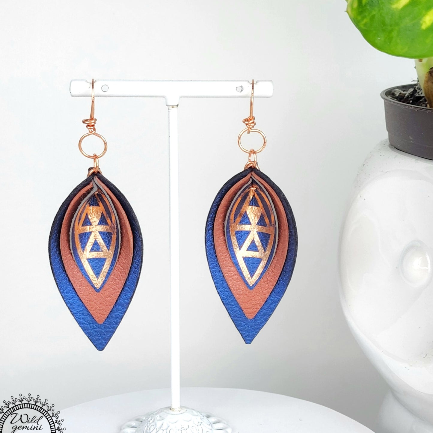 Boho Geometric Leather Earrings – Handmade Triple-Layer Faux Leather Drops in Blue & Brown with Copper Design & Hooks, 3” Long
