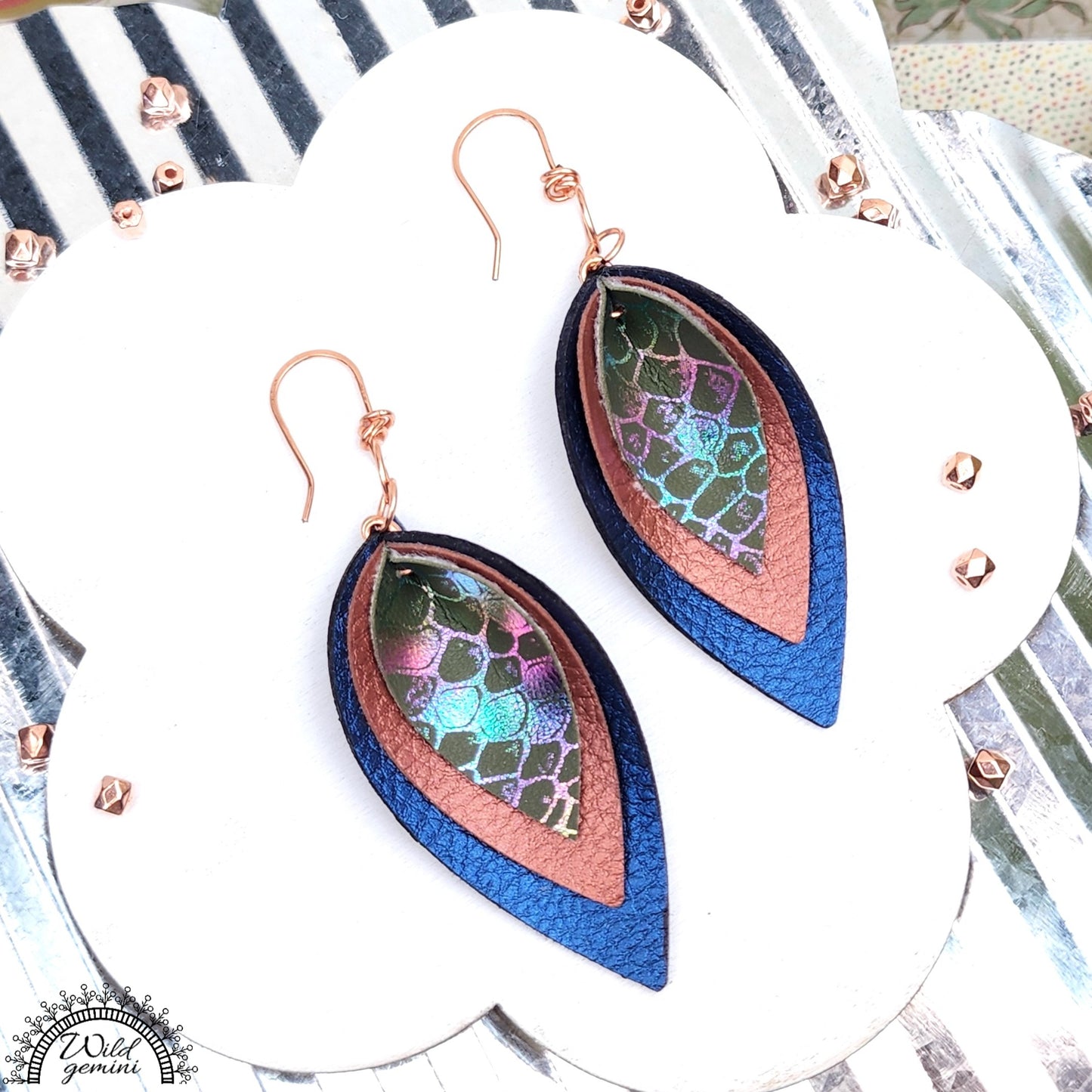 Boho Triple Layer Leather Earrings – Handmade Faux Leather Drops in Blue, Brown & Multicolor with Copper Hooks, 3” Long Statement Dangles