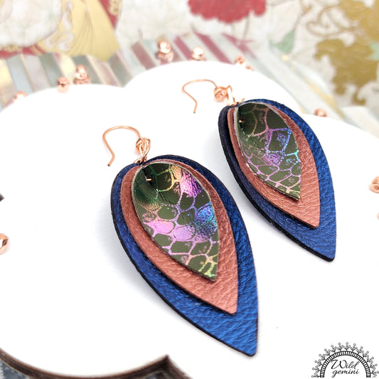 Boho Triple Layer Leather Earrings – Handmade Faux Leather Drops in Blue, Brown & Multicolor with Copper Hooks, 3” Long Statement Dangles