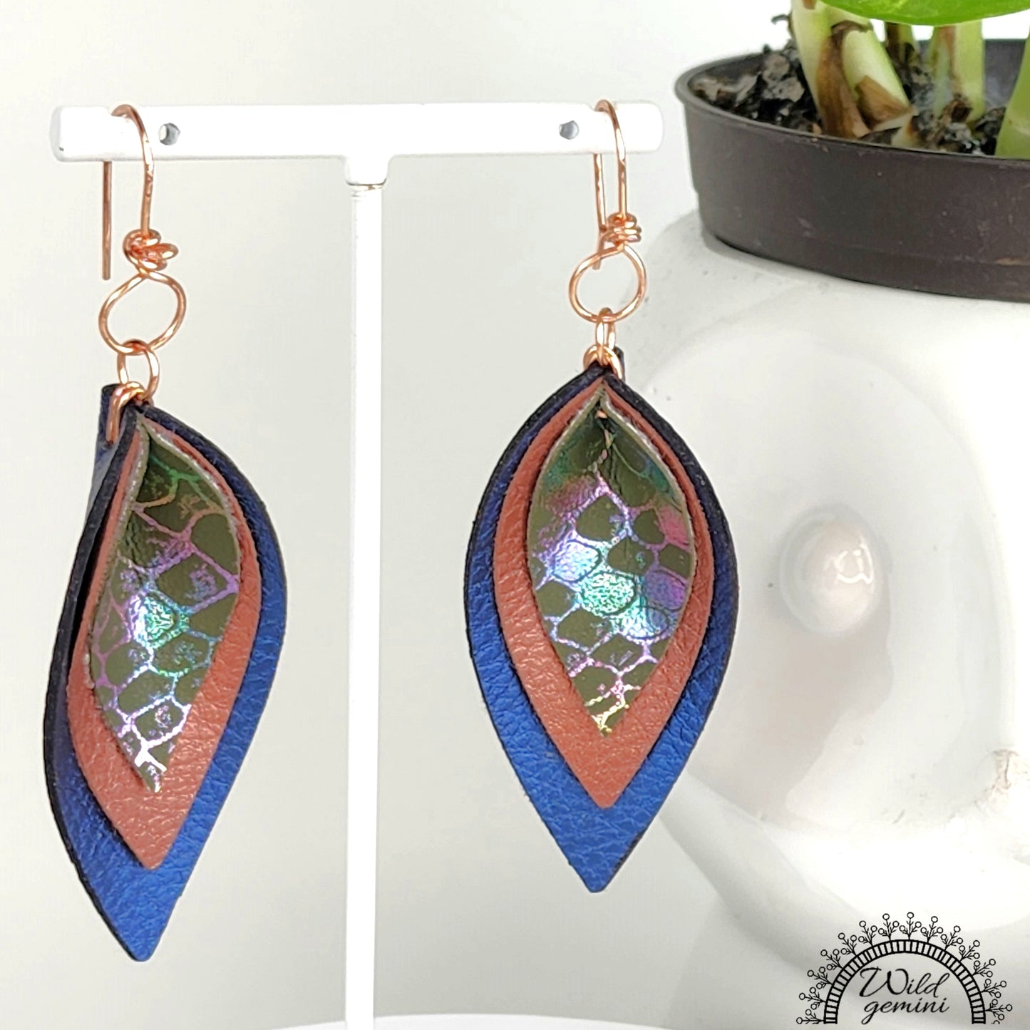 Boho Triple Layer Leather Earrings – Handmade Faux Leather Drops in Blue, Brown & Multicolor with Copper Hooks, 3” Long Statement Dangles
