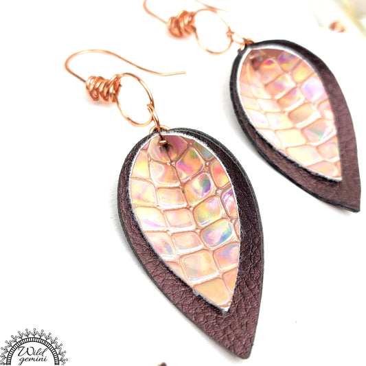 Boho Leather Layered Earrings – Handmade Brown & Gold Faux Leather Drops with Gold Hooks, 2.75” Long Lightweight Dangles