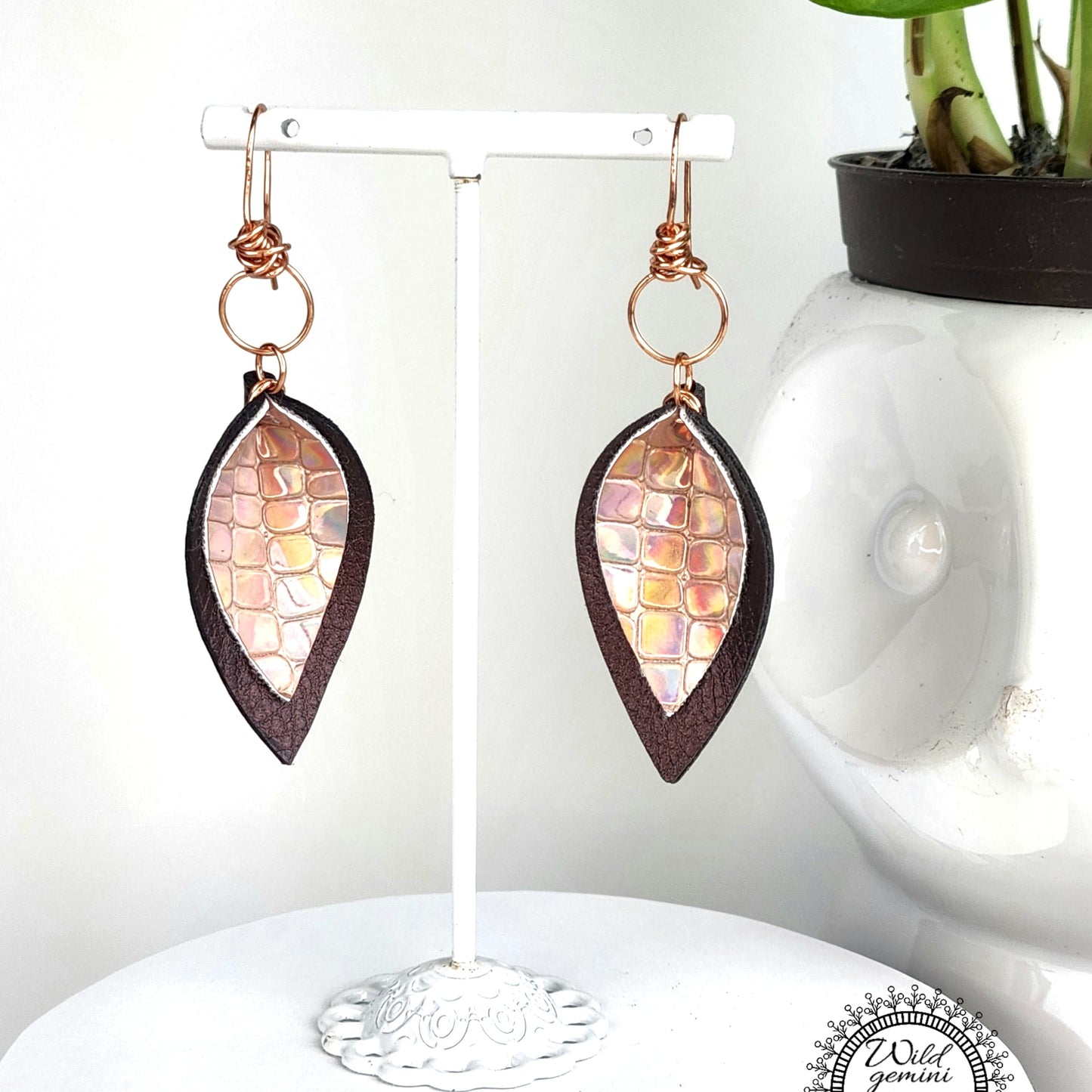 Boho Leather Layered Earrings – Handmade Brown & Gold Faux Leather Drops with Gold Hooks, 2.75” Long Lightweight Dangles