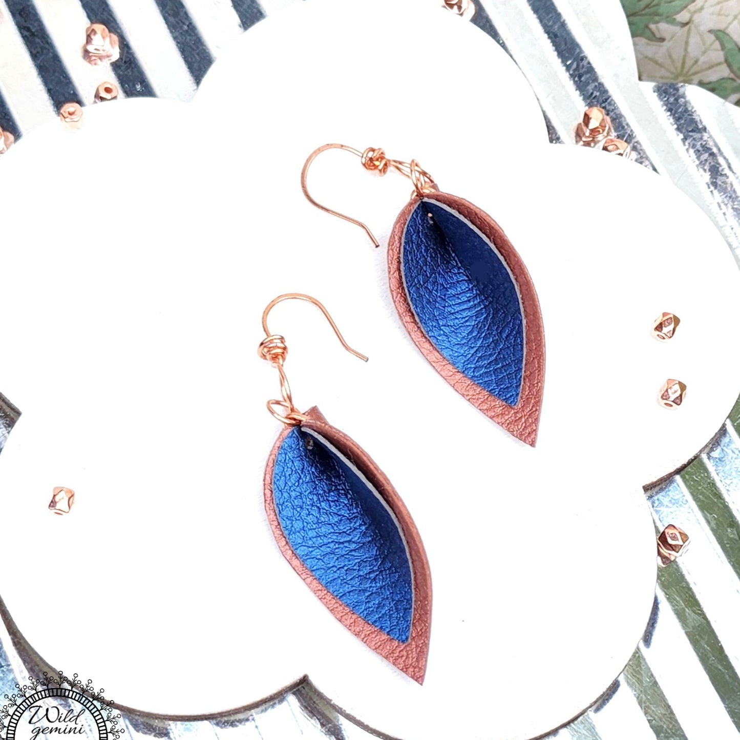 Boho Layered Leather Earrings – Handmade Brown & Blue Faux Leather Drops with Copper Hooks, 2.5” Long Lightweight Dangles
