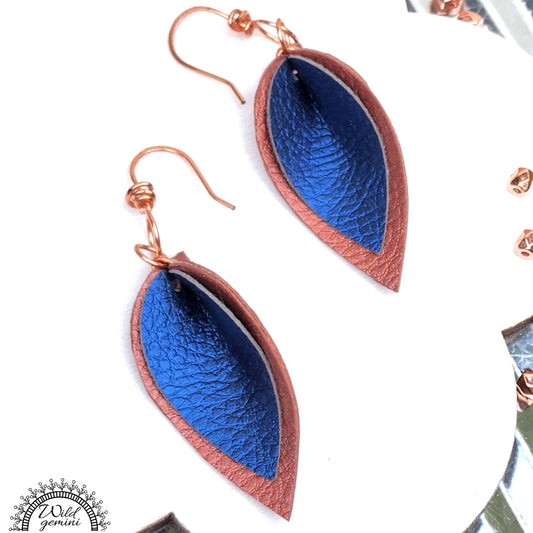 Boho Layered Leather Earrings – Handmade Brown & Blue Faux Leather Drops with Copper Hooks, 2.5” Long Lightweight Dangles