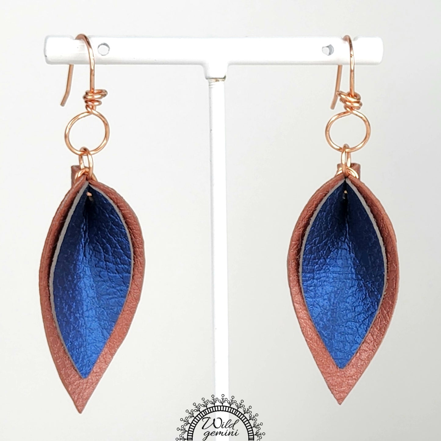 Boho Layered Leather Earrings – Handmade Brown & Blue Faux Leather Drops with Copper Hooks, 2.5” Long Lightweight Dangles