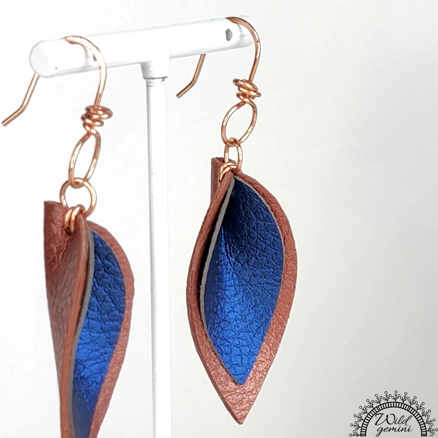 Boho Layered Leather Earrings – Handmade Brown & Blue Faux Leather Drops with Copper Hooks, 2.5” Long Lightweight Dangles