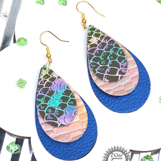 Boho Leather Drop Earrings – Handmade Earrings in Blue, Gold & Multicolor Faux Leather with Golden Hooks, 3” Long Statement Jewelry