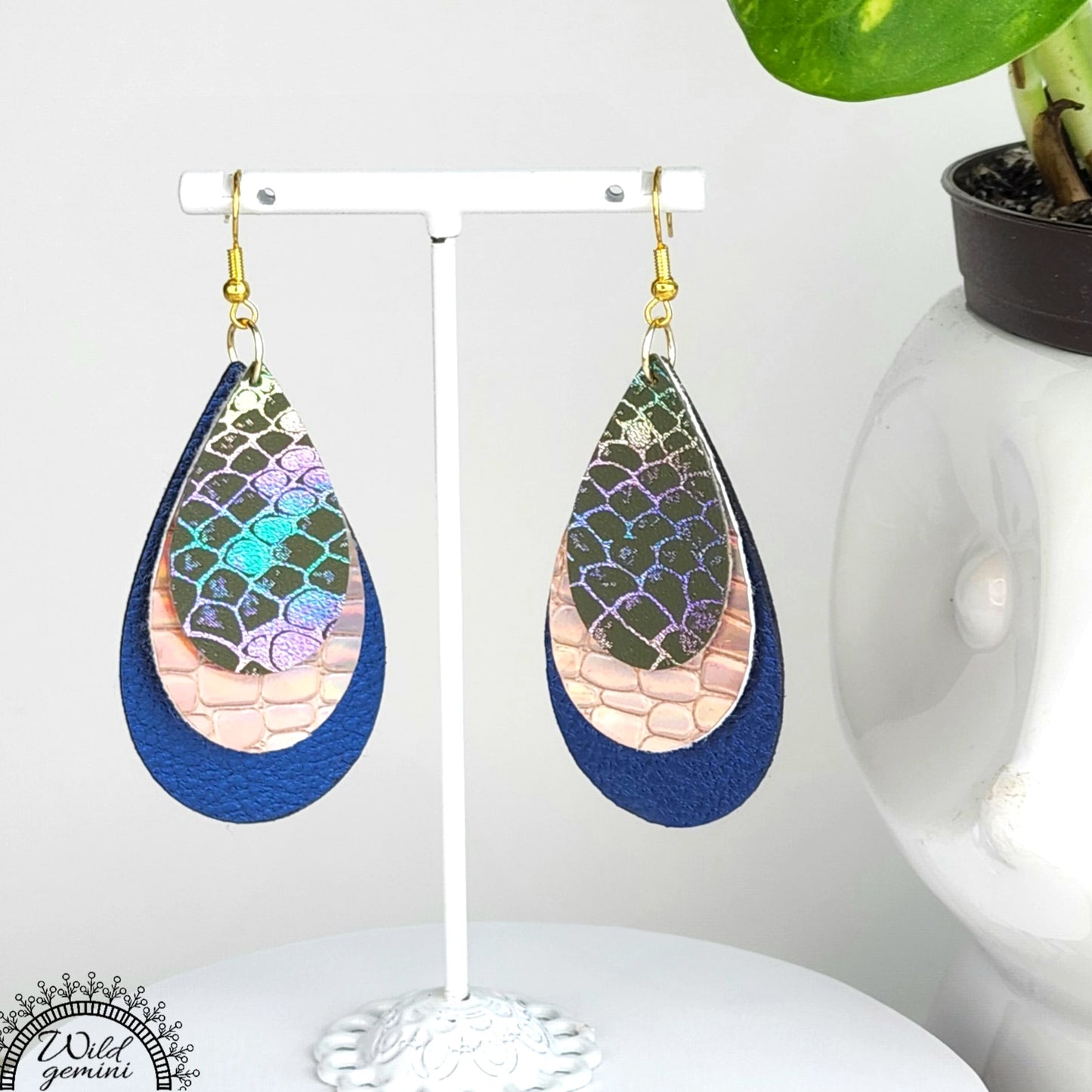 Boho Leather Drop Earrings – Handmade Earrings in Blue, Gold & Multicolor Faux Leather with Golden Hooks, 3” Long Statement Jewelry