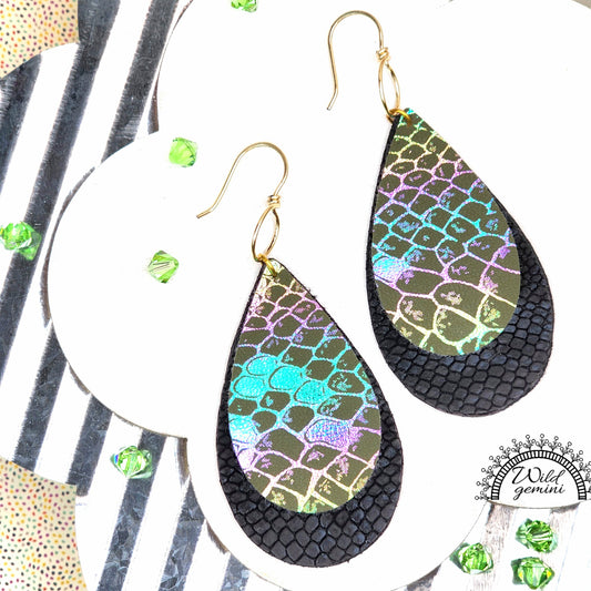 Boho Faux Leather Earrings – Handmade Drop Earrings in Black & Multicolor with Gold Hooks, 3” Long Lightweight Statement Jewelry