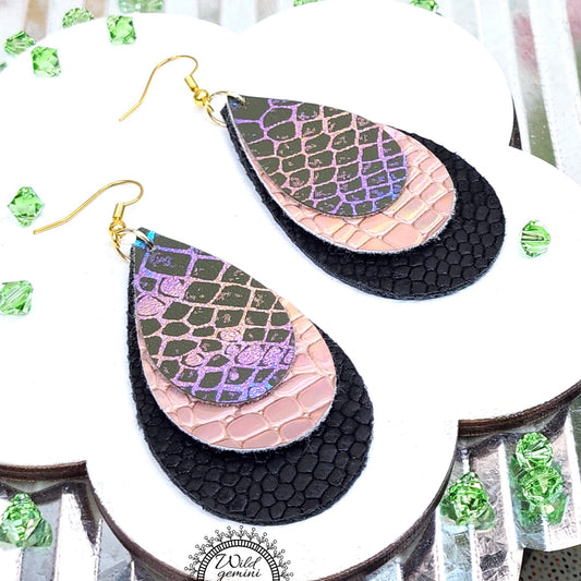 Boho Statement Earrings – Handmade Faux Leather Drops in Black, Gold & Multicolor with Golden Hooks, 3” Long Lightweight Dangles