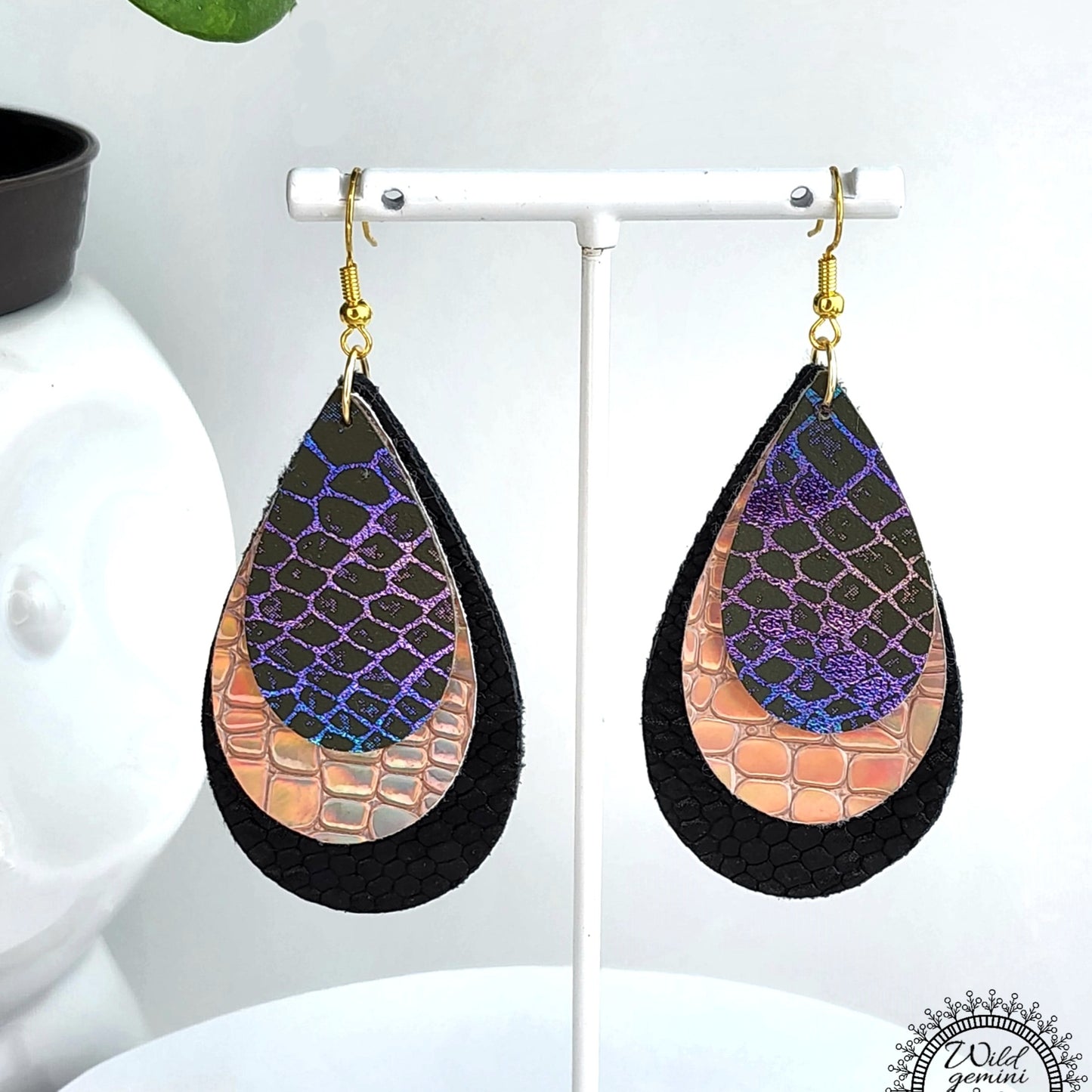 Boho Statement Earrings – Handmade Faux Leather Drops in Black, Gold & Multicolor with Golden Hooks, 3” Long Lightweight Dangles
