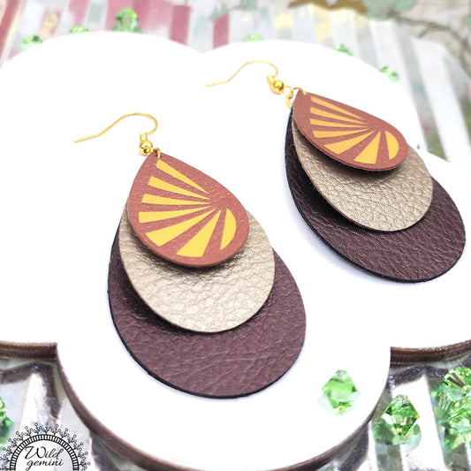 Boho Sunburst Drop Earrings – Handmade Faux Leather Dangles in Brown, Beige & Copper with Golden Sun Design & Gold Hooks, 3” Long