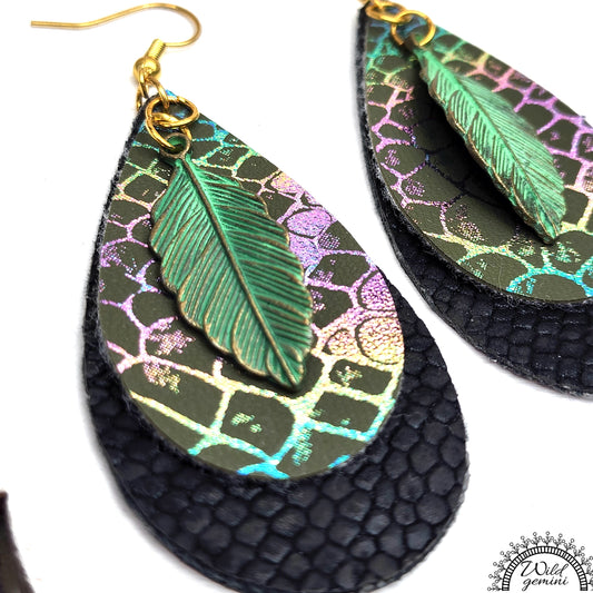 Boho Leaf Drop Earrings – Handmade Faux Leather Dangles in Black & Multicolor with Green Metal Leaf & Gold Hooks, 3” Long