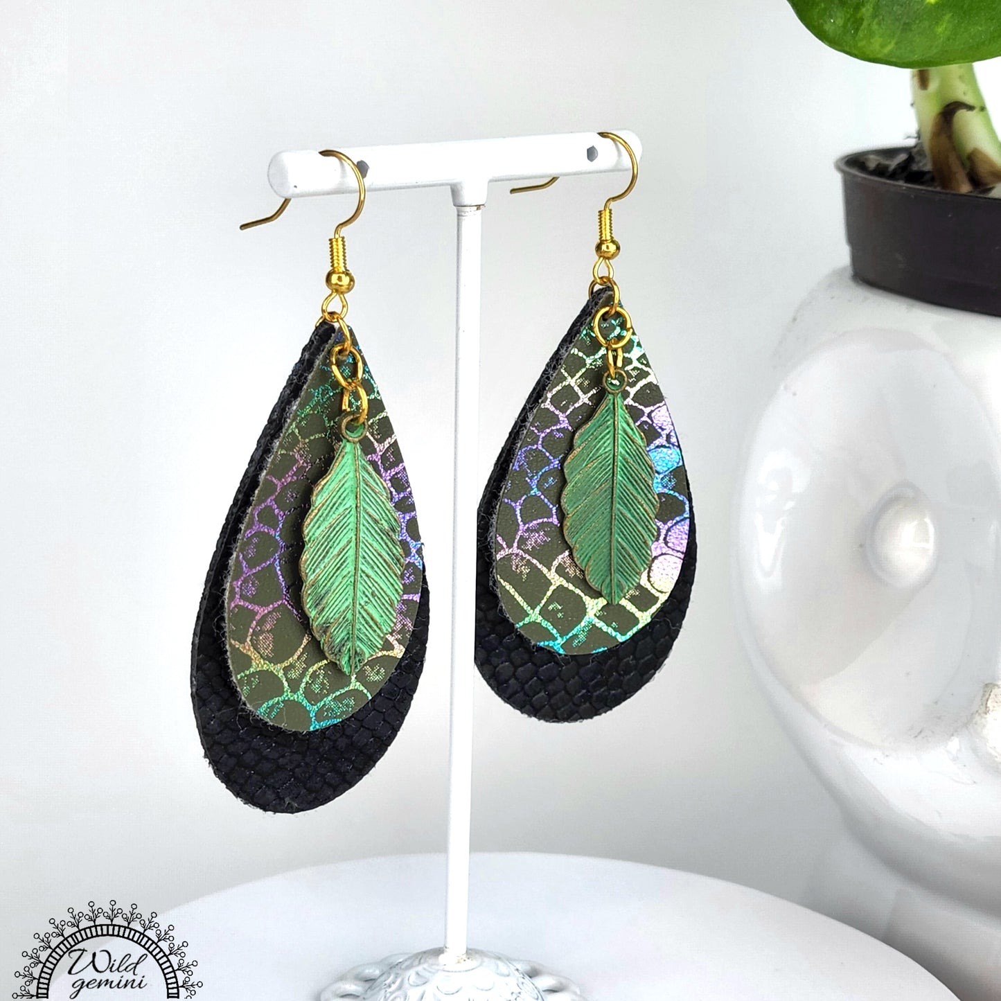 Boho Leaf Drop Earrings – Handmade Faux Leather Dangles in Black & Multicolor with Green Metal Leaf & Gold Hooks, 3” Long