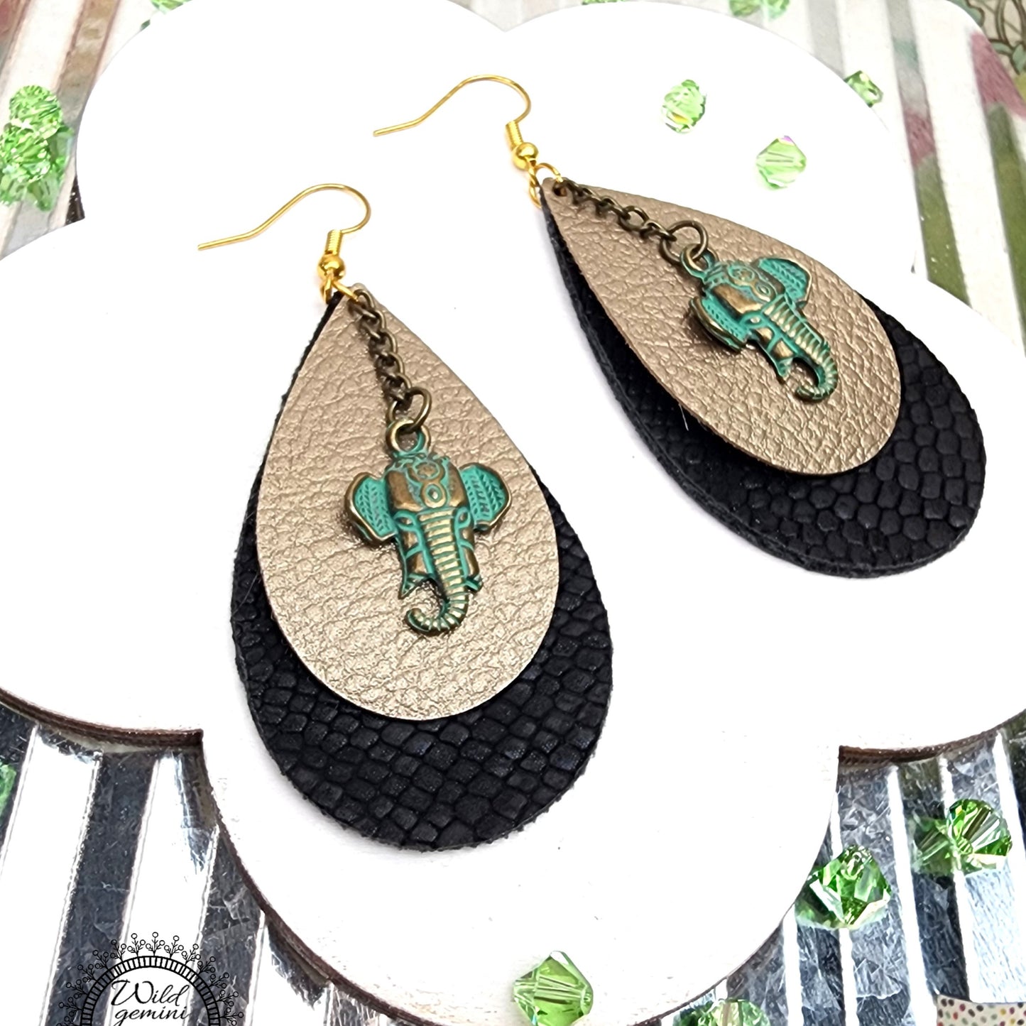 Boho Elephant Drop Earrings – Handmade Faux Leather Dangles in Black & Beige with Green Metal Elephant & Gold Hooks, 3” Long