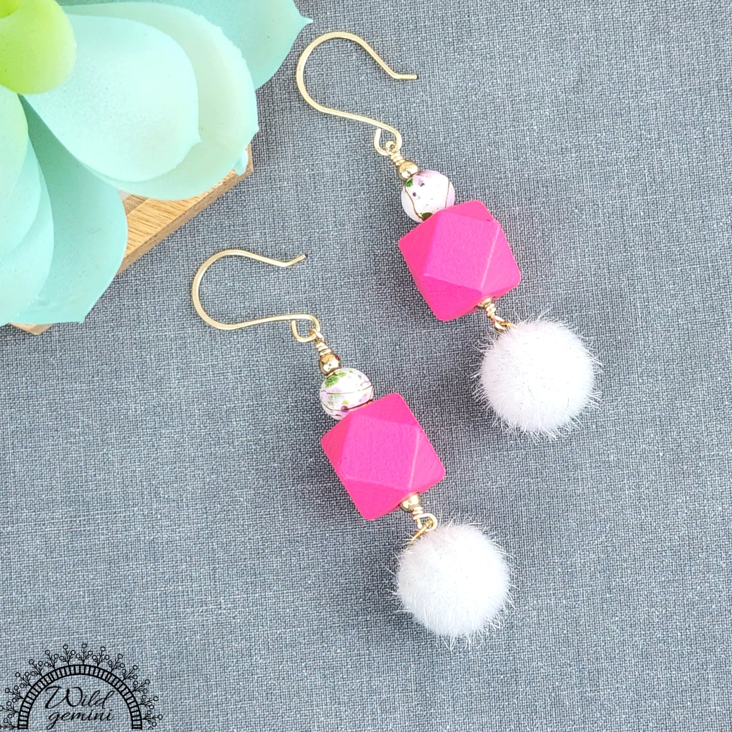 Boho Fuzzy Bead Earrings – Handmade Dangles with White Fuzzy Balls, Fuchsia Wooden Hexagons & Enameled Glass Beads, 3” Long