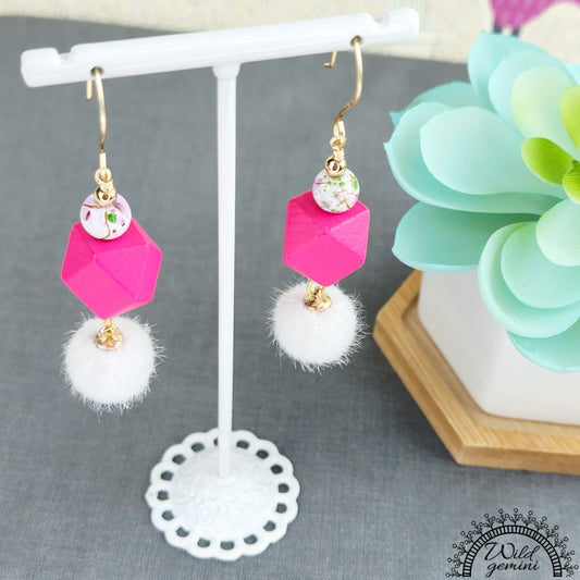 Boho Fuzzy Bead Earrings – Handmade Dangles with White Fuzzy Balls, Fuchsia Wooden Hexagons & Enameled Glass Beads, 3” Long